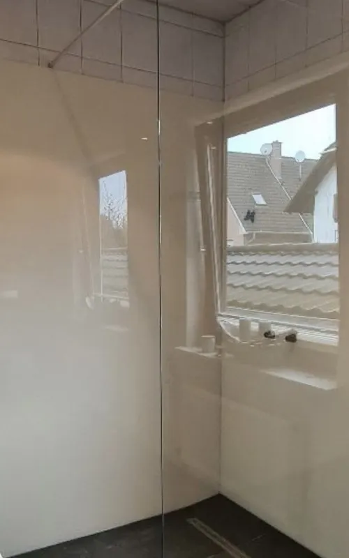 Walk-in glass wall in front of a bathroom window, level-access shower