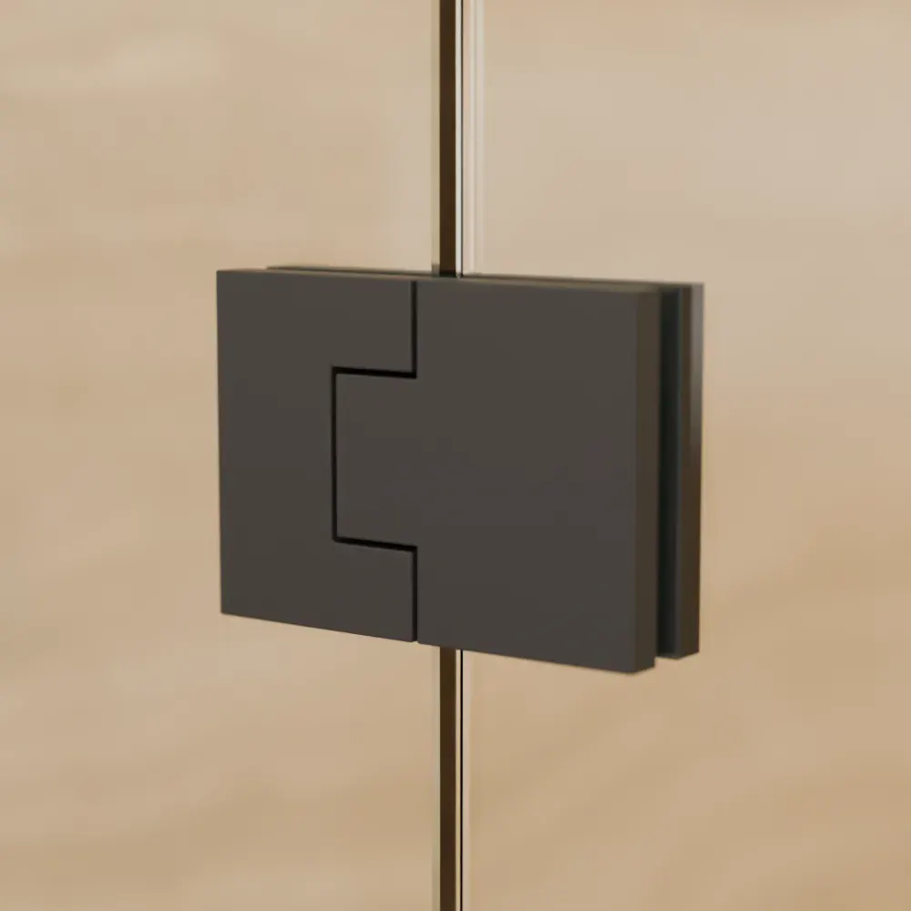 Close-up: upper hinge in matt black on clear glass (visualisation)
