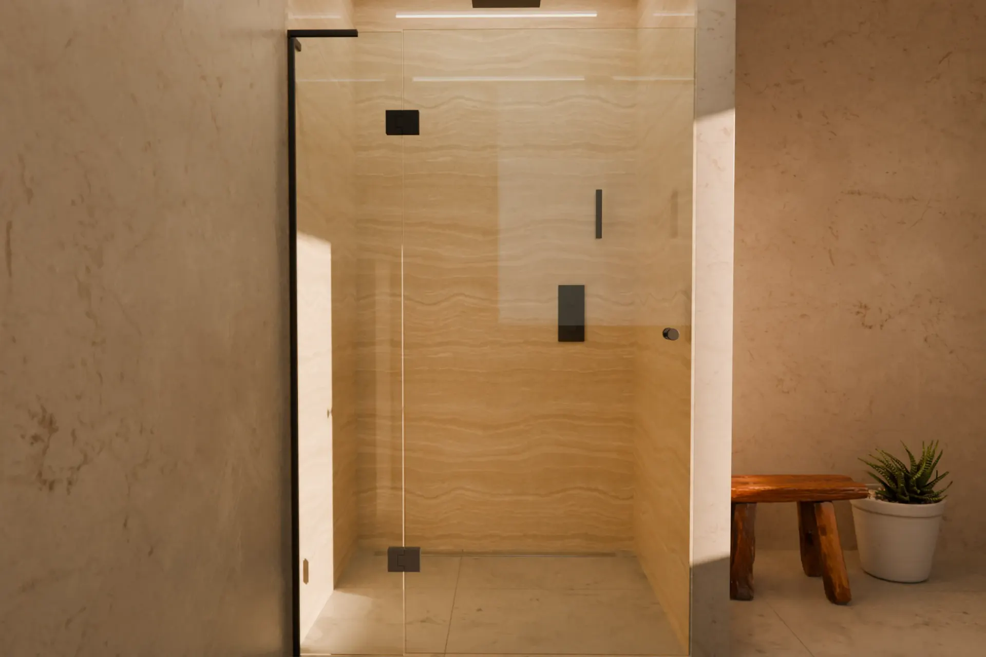 Alcove shower in clear glass: fixed panel with U-channel and stabilising bracket, door on two hinges, all in matt black, handle and taps in the same finish (visualisation)