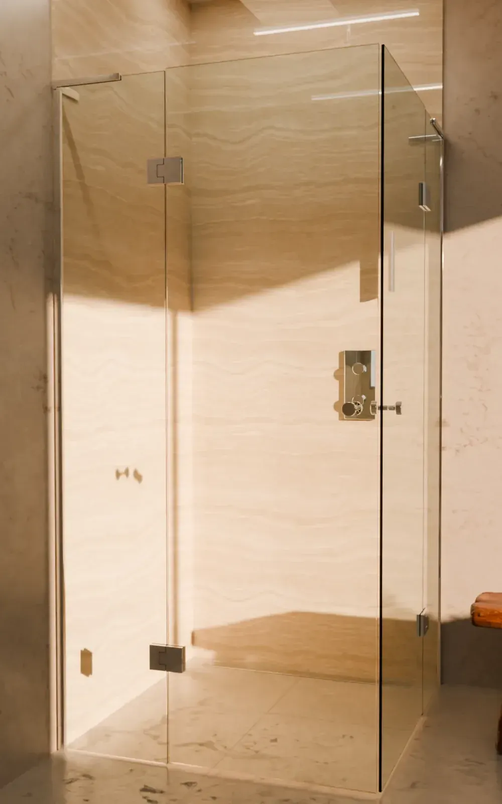 Corner shower with corner entry in clear glass: on each side a fixed panel on the wall and a door on two hinges, chrome fittings (visualisation)