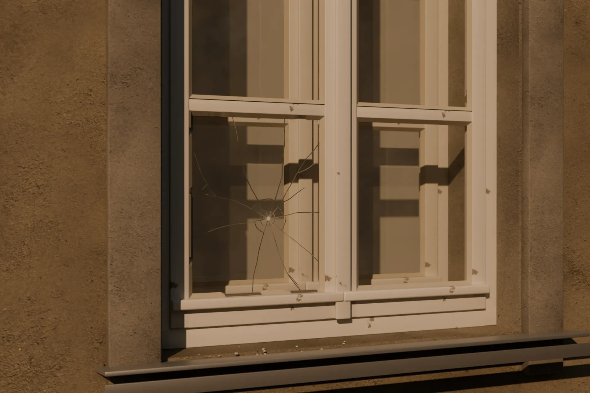 Old Berlin box-type window from outside, before: in the left casement the lower pane has a star-shaped crack, the putty is crumbling, bits lie on the sill (visualisation)