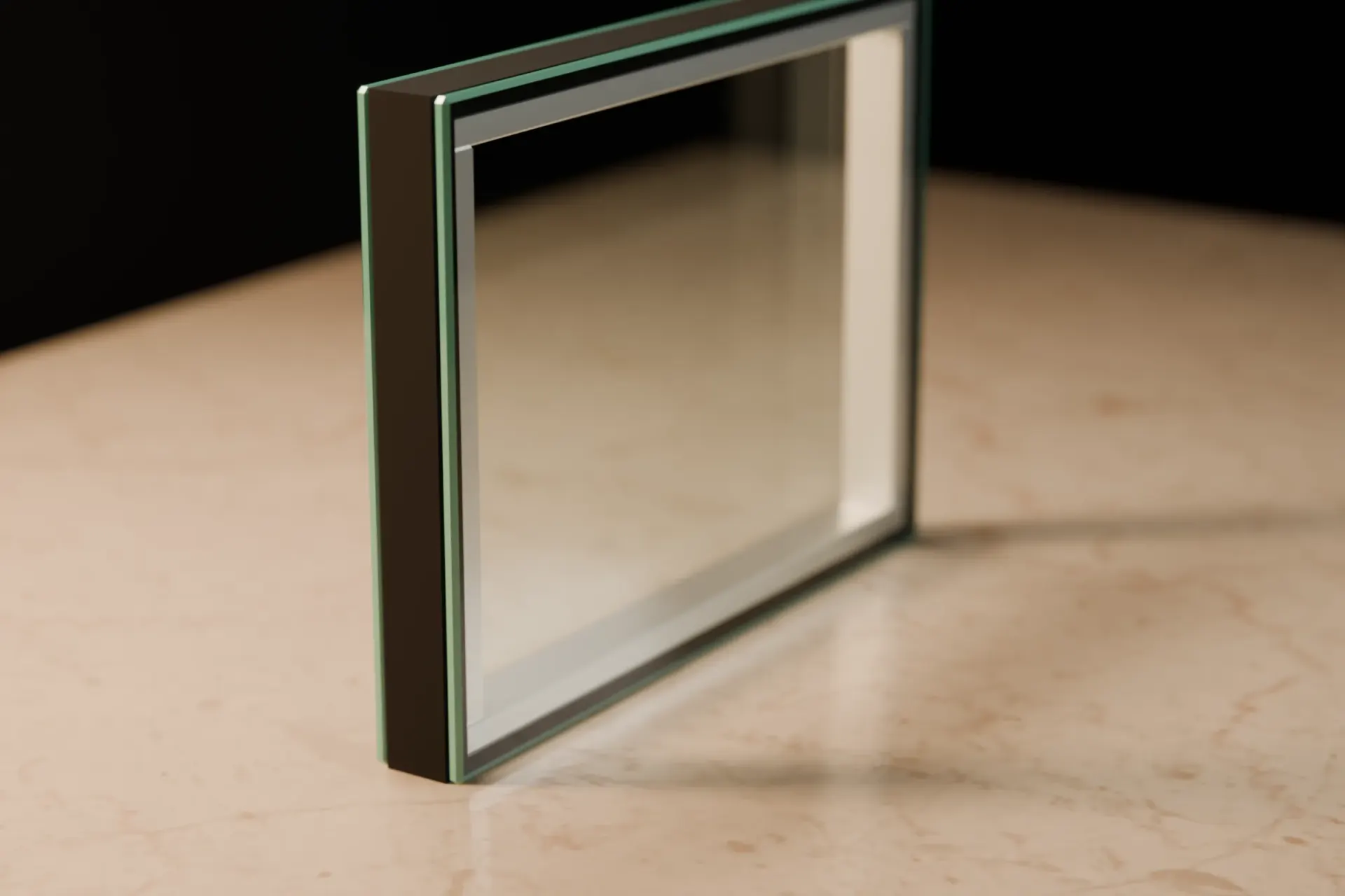 Insulating glass corner sample: two panes with green glass edges, spacer and black edge seal in between (visualisation)