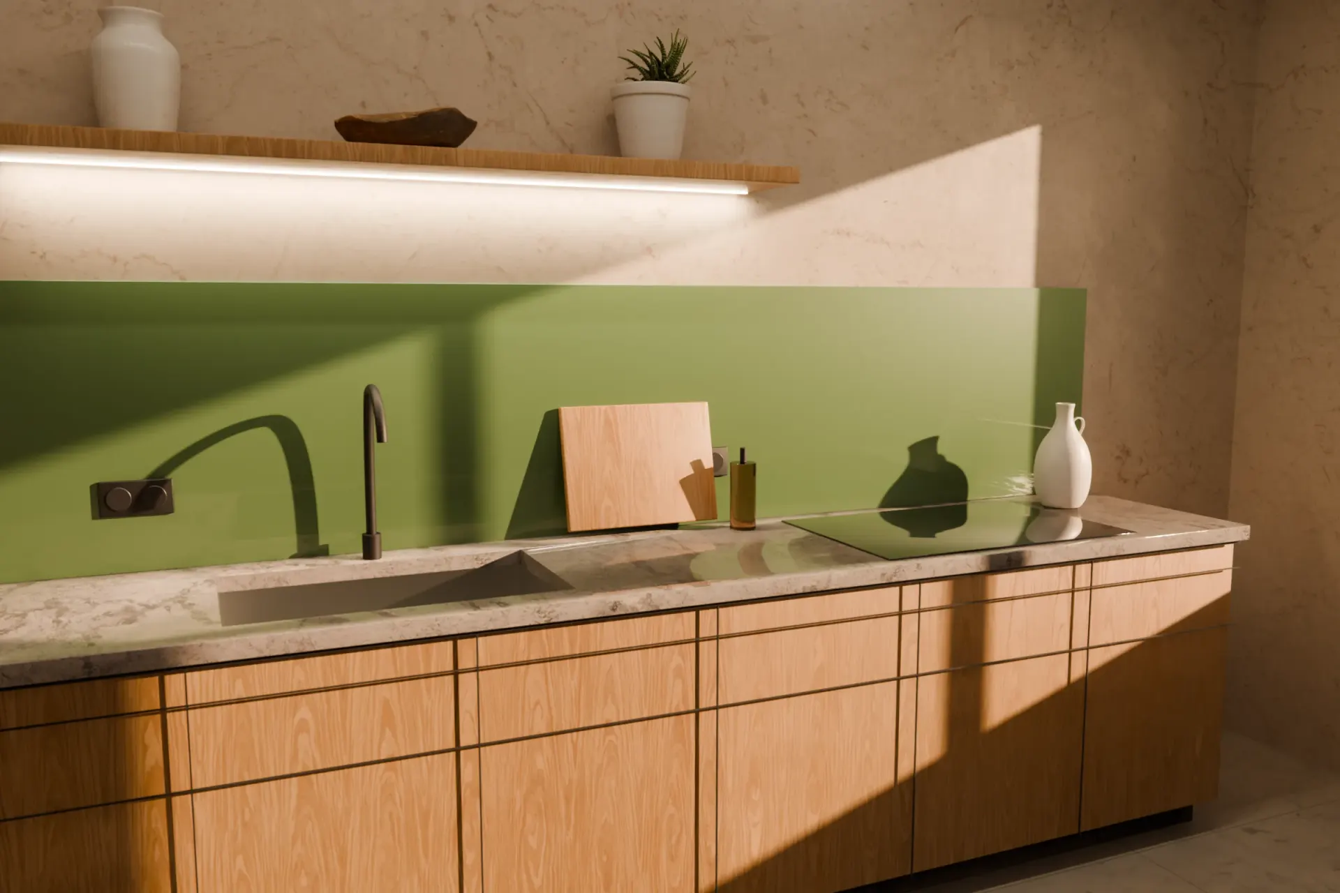 Kitchen with a lacquered glass splashback in RAL 6011 Reseda green, fronts in oak, worktop in warm marble (visualisation)