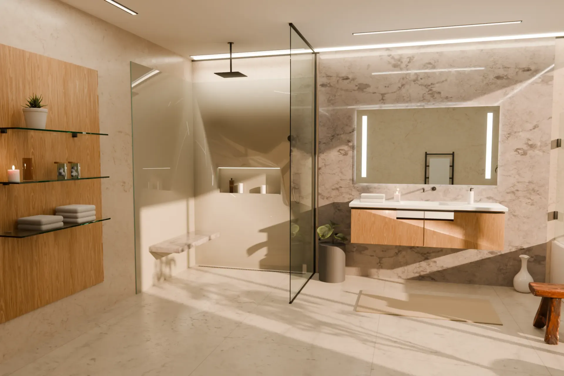 Bathroom in warm limestone with a full-height clear-glass walk-in shower and black profile, next to it a floating oak vanity under an illuminated mirror and glass shelves on a wooden wall (visualisation)