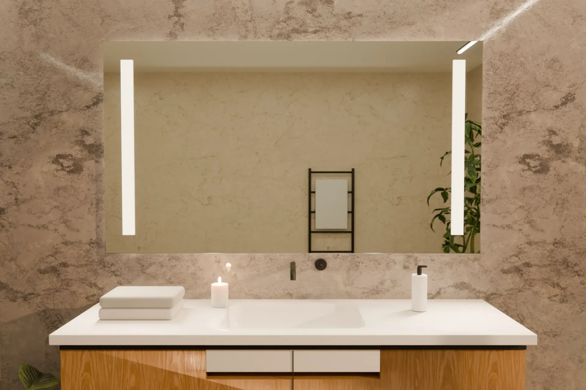 Frameless mirror above a washbasin, the light panels left and right glow warm white (visualisation)