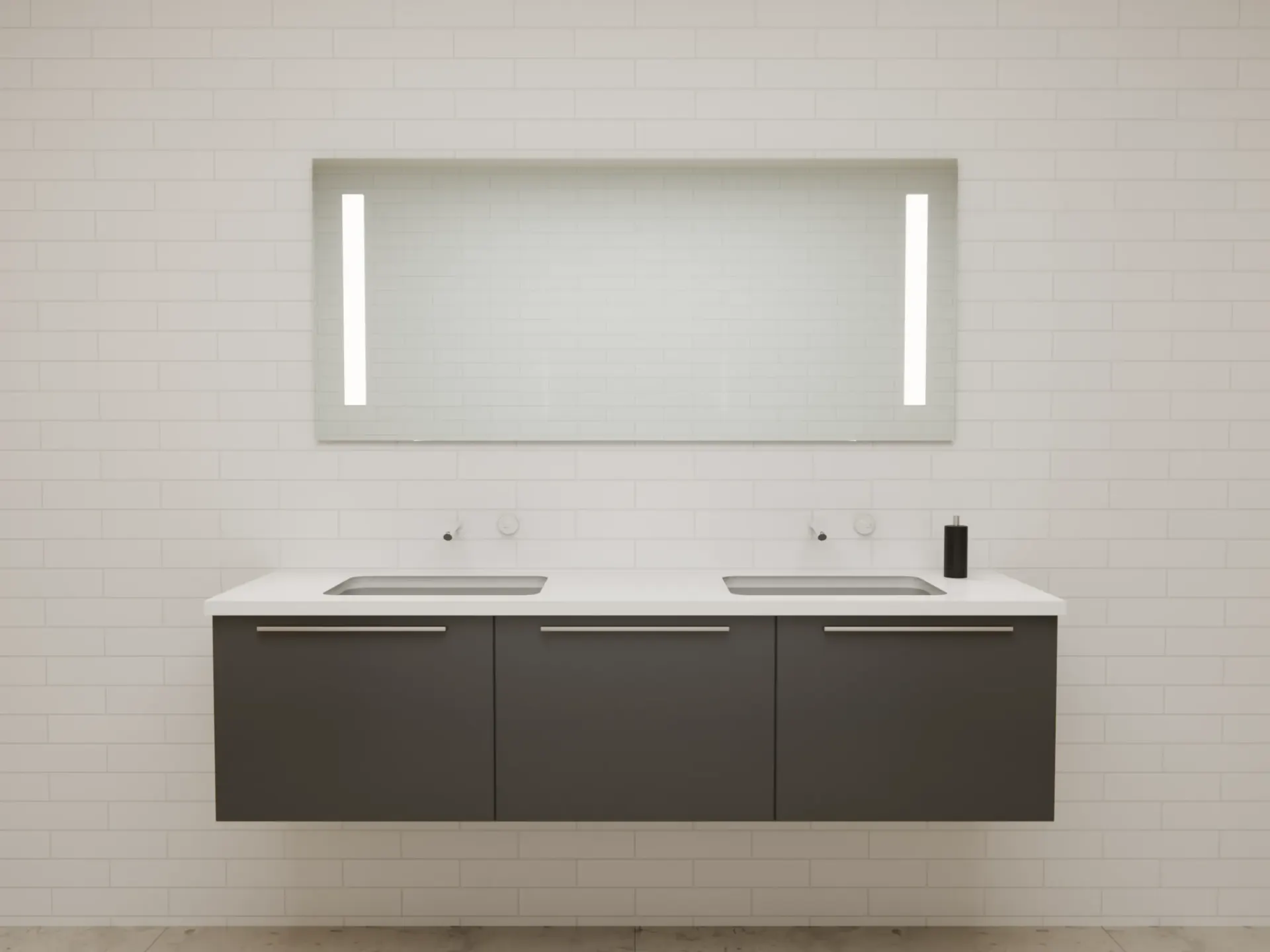 Frameless made-to-measure mirror with two vertical light panels left and right above a wall-hung double vanity, white wall tiles (visualisation)