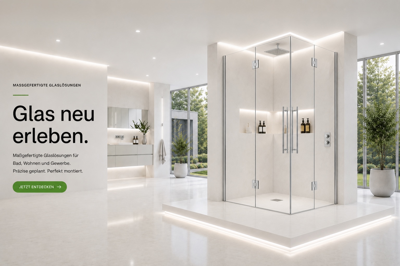 Moderne bodenebene Glasdusche nach Maß in hellem Badezimmer - Glasteufel Berlin